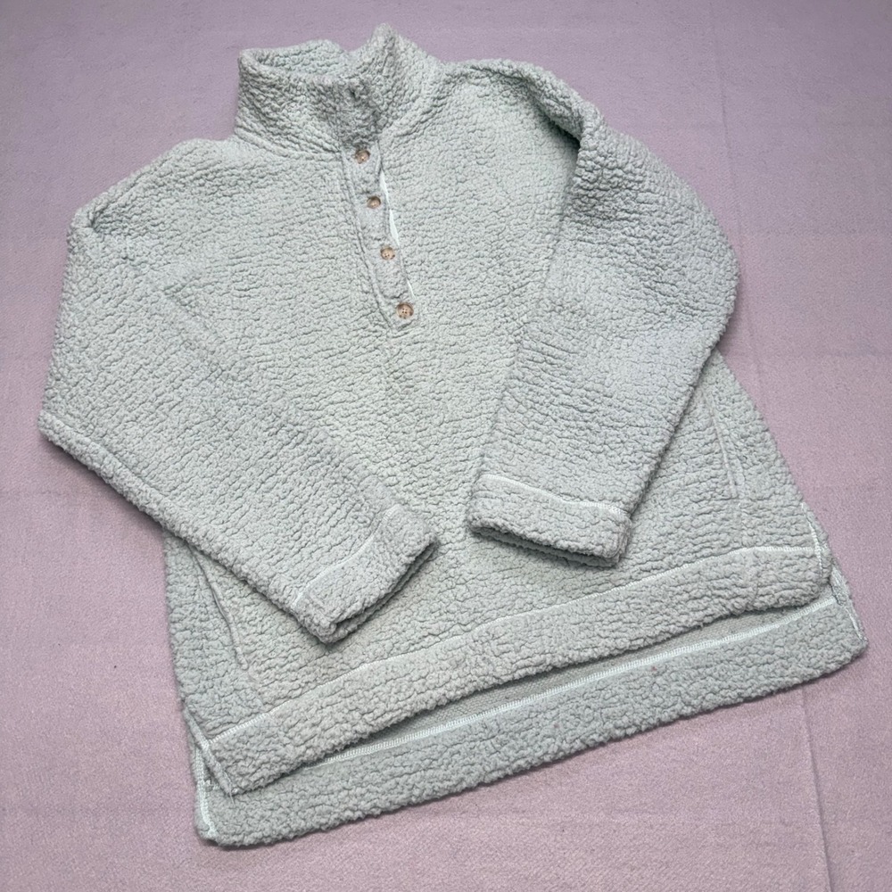 Aerie Women Small Mint Green Sherpa Fleece Pullover Button Neck Sweater Pockets